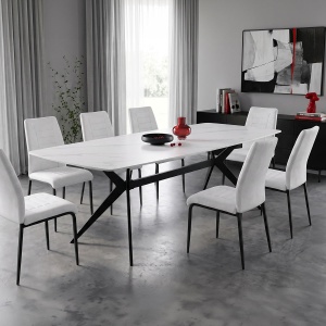 Masă dining Ezali, Alb cu aspect de marmură/Negru, 180 x 90 x 75 cm