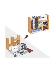 Organizator extensibil pentru birou din bambus, cu 3 module reglabile, Natur, 64,7 × 15 × 40 cm - Img 5