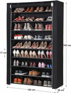 Pantofar textil cu 10 niveluri, husă cu fermoar și 2 buzunare laterale, capacitate până la 54 perechi, Negru, 100 × 28 × 162 cm - Img 2