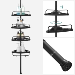 Raft de Colt Reglabil pentru Baie, cu Suport Telescopic pentru dus, 85-305 cm, de la podea pana la tavan, cu 4 Tavi, 3 Carlige, Negru - Img 5