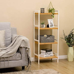 Raft multifuncțional din bambus cu 4 polițe reglabile, Alb/Natur, 45 × 31,5 × 110 cm - Img 2