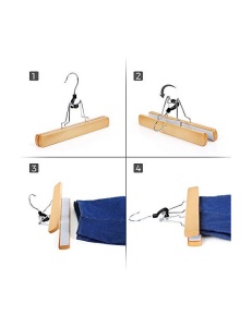 Set 12 umerașe din lemn pentru pantaloni și fuste, cu clemă antialunecare și cârlig rotativ 360°, Natur, 25 × 2,2 × 17 cm - Img 4