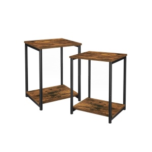 Set 2 măsuțe laterale cu 2 niveluri, stil industrial, Maro Rustic/Negru, 38,5 × 30 × 50 cm