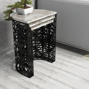 Set 3 Masute de Cafea Model Remi, 46x33x62/41x30x58/36x27x53 cm, Alb Marmorat/Negru - Img 2