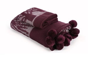 Set Cuvertura Tricotata pentru pat 1 Persoana Model Ponpon Tree Claret Red - Img 2