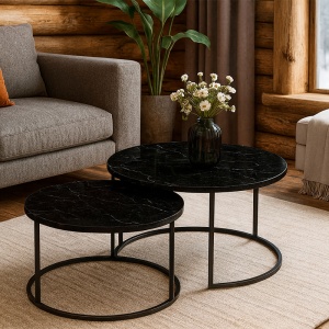Set de 2 măsuțe de cafea Solme, negru marmorat/negru, 75x75x45 cm - Img 3