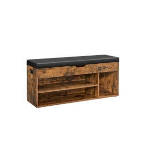 Bancă pentru pantofi cu șezut tapițat, compartiment ascuns și rafturi, Maro Rustic/Negru, 100 × 30 × 44 cm