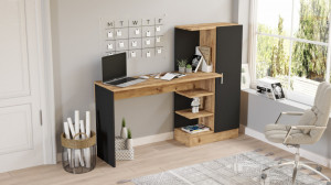 Birou cu Biblioteca Salvador, model CT2, 152.3x120x40 cm, Pin atlantic/Negru - Img 3