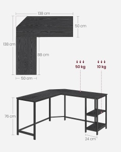 Birou Gaming Vasagle, model Colin, 138x76x138 cm, Negru - Img 3