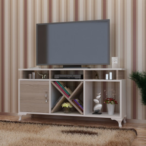 Comoda TV Salvador, Model Ay, 120x53.6x29.5 cm, Alb/Stejar Cordoba - Img 1