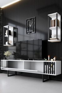Comoda TV Salvador, Model Chrome, 180x48x30 cm, Alb/Negru - Img 3