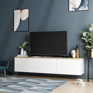 Comoda TV Salvador, Model Neon, 160x35x32 cm, Alb/Stejar - Img 2