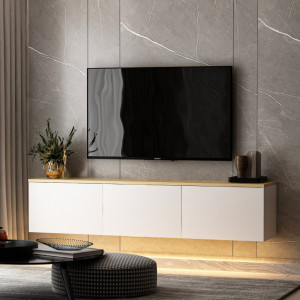 Comoda TV Salvador, Model Neon, 160x35x32 cm, Alb/Stejar - Img 2