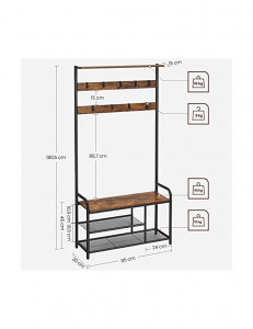 Cuier cu bancuta si suport pantofi Model Benjamin, Maro Rustic/Negru, 85x30x180.5 cm - Img 6