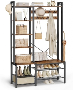 Cuier cu bancuta si suport pantofi Model Murphy, Maro Rustic/Negru, 120x40x190 cm - Img 2