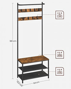 Cuier cu bancuta si suport pantofi Model Sparks, Maro Rustic/Negru, 64x32.2x180 cm - Img 6