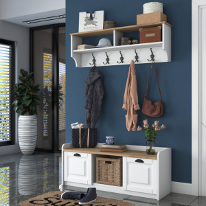 Cuier de hol cu dulap Model Bean, Alb/Nuc, 120x40x45 cm - Img 6
