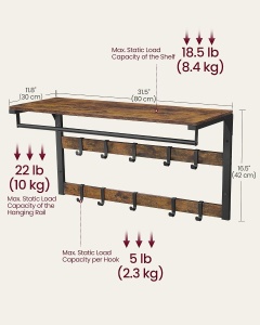 Cuier de perete cu raft, bară pentru umerașe și 10 cârlige detașabile, Maro Rustic/Negru, 80 × 30 × 42 cm - Img 5