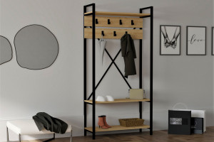 Cuier haine cu rafturi Model Alfa, Stejar, 90x34x180 cm - Img 1