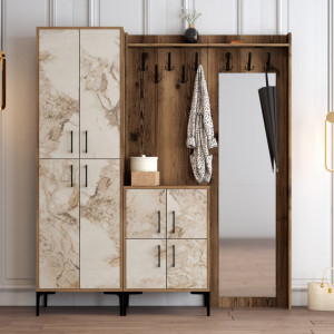 Cuier hol cu dulap Model Berlin, Nuc/Marmorat, 180x35x200 cm - Img 1