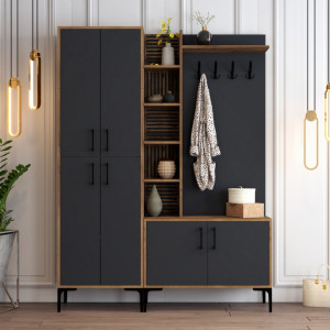 Cuier hol cu dulap Model Viyana, Nuc/Antracit, 150x35x200 cm - Img 2