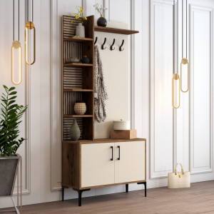 Cuier hol cu dulap Model ViyanaD, Nuc/Crem, 90x35x200 cm - Img 2