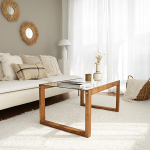 Masuta de Cafea Model Burnett, 85x55x40 cm, Pin, Lemn masiv, Blat Sticla securizata - Img 3