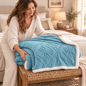 Pătură Cocolino cu blăniță Sherpa, model Romb Floral Embosat, Turcoaz, 200 × 230 cm