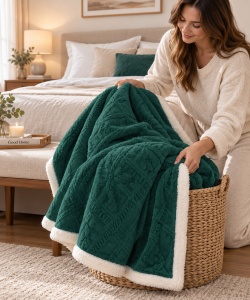 Pătură Cocolino cu blăniță Sherpa, model Romb Floral Embosat, Verde Închis, 200 × 230 cm