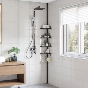 Raft de Colt Reglabil pentru Baie, cu Suport Telescopic pentru dus, 85-305 cm, de la podea pana la tavan, cu 4 Tavi, 3 Carlige, Negru - Img 3