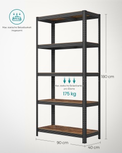 Raft de depozitare Heavy Duty cu 5 polițe reglabile, capacitate 875 kg, Maro Rustic/Negru, 90 × 40 × 180 cm - Img 5