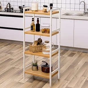 Raft multifuncțional din bambus cu 4 polițe reglabile, Alb/Natur, 45 × 31,5 × 110 cm - Img 3