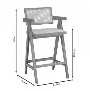 Scaun de bar cu brate Winslow lemn de arbore de cauciuc negru - pvc ratan material culoare lemn natural gri - Img 4