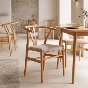Scaun dining Wishbone, tapițat cu material textil, Natur/Gri, 51 × 58 × 73 cm