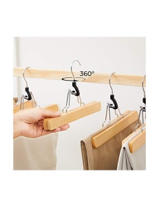 Set 12 umerașe din lemn pentru pantaloni și fuste, cu clemă antialunecare și cârlig rotativ 360°, Natur, 25 × 2,2 × 17 cm - Img 5