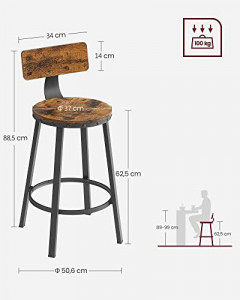 Set 2 scaune de bar Model Catalina, Maro rustic/Negru, 50.6x50.6x88.5 cm - Img 6
