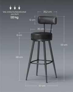 Set 2 scaune de bar Vasagle Negru 56x56x101.5 cm - Img 3