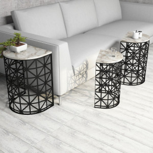 Set 3 Masute de Cafea Model Remi, 46x33x62/41x30x58/36x27x53 cm, Alb Marmorat/Negru - Img 3