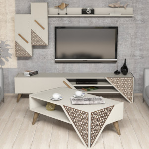 Set Comoda TV si Masuta de Cafea Model Chung, 105x58.2x40 cm, Crem - Img 1