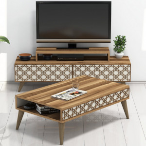 Set Comoda TV si Masuta de Cafea Model Patterson, 105x60x36.6 cm, Nuc/Crem - Img 1