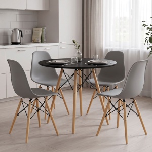 Set masă și 4 scaune Julita, Natural/Negru/Gri, Ø80 x 73 cm