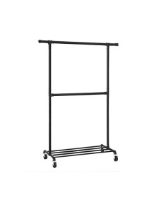 Suport mobil pentru haine cu 2 bare și raft inferior, pe roți, Oțel, Negru, 130 × 49 × 198 cm