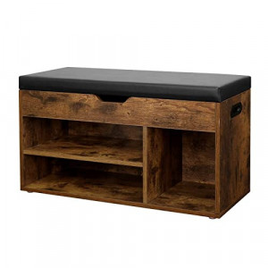Bancă pantofar cu șezut tapițat, 3 compartimente și spațiu de depozitare ascuns, Maro Rustic/Negru, 80 × 30 × 44 cm