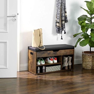 Bancă pantofar cu șezut tapițat, 3 compartimente și spațiu de depozitare ascuns, Maro Rustic/Negru, 80 × 30 × 44 cm - Img 2