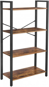 Bibliotecă cu 4 polițe deschise, stil industrial, Maro Rustic/Negru, 66 × 30 × 120 cm