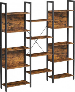 Bibliotecă industrială cu 14 polițe, cadru metalic și sistem anti-răsturnare, Maro Rustic/Negru, 158 × 24 × 166 cm