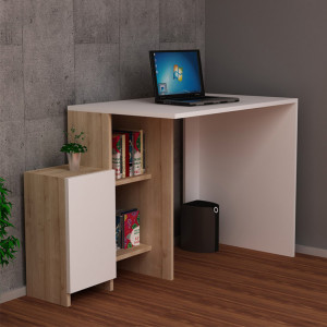 Birou cu Biblioteca Pako World, model Kely, 113x74x55 cm, Alb/Stejar - Img 2