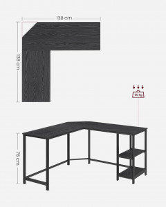 Birou Gaming Vasagle, model Colin, 138x76x138 cm, Negru - Img 4