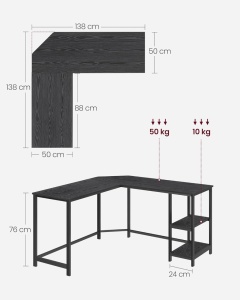 Birou Gaming Vasagle, model Colin, 138x76x138 cm, Negru - Img 3