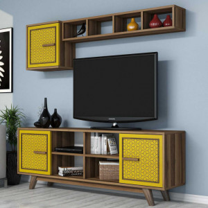 Comoda TV Ayla - Walnut, Yellow - Img 3